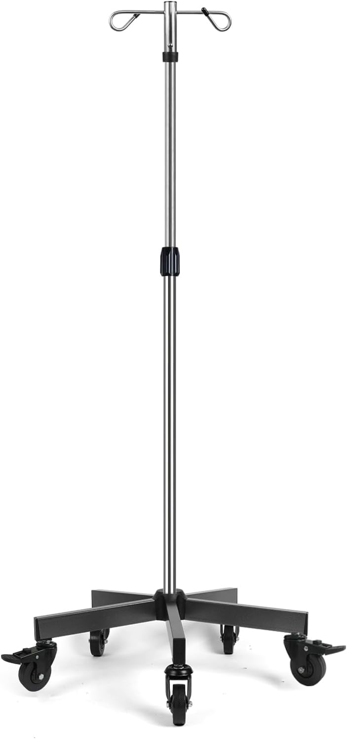 IV Poles IV Stands Portable Rolling 2 Hook 5 Legs Adjustable Height with Brake Wheels, Stainless Steel