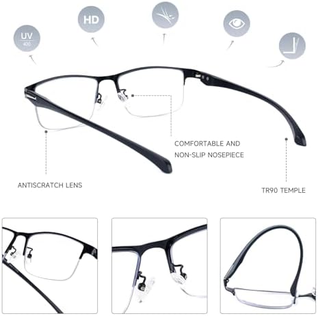 SKYOAK 2 Pack TR90 Premium Reading Glasses for Men, Half Frame No-Line Blue Light Blocking Computer Readers Anti Glare UV Eyeglasses Clear Vision, Black and Gunmetal 1.5x