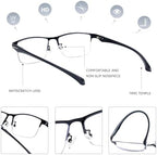 SKYOAK 2 Pack TR90 Premium Reading Glasses for Men, Half Frame No-Line Blue Light Blocking Computer Readers Anti Glare UV Eyeglasses Clear Vision, Black and Gunmetal 1.5x