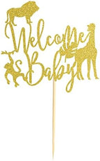 Welcome Baby Cake Topper Jungle Wild Safari Animal Baby Shower Cake Picks Party Supplies Decorations - Gold Glitter