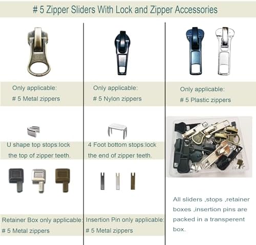 Zipper Repair Kit 39 Pcs, #5 Sliders with Pull, Metal Zippers Retainer Box,Insertion Pin 6 Sets, Replacement Zip Bottom/Top Stop, Metal, Plastic, Nylon Coil Zippers Head FIx on Jaceket