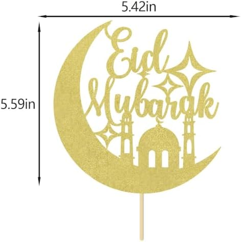 Eid Mubarak Cake Topper - Ramadan Party Decorations - Hajj Mubarak Festival Anniversary Party - Muslim Islam Celebration Decoration Gold Glitter