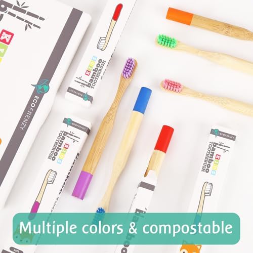 EcoFrenzy - Kids Bamboo Toothbrush - Child Size Soft BPA Free Color Safe Bristles (8 Pack)