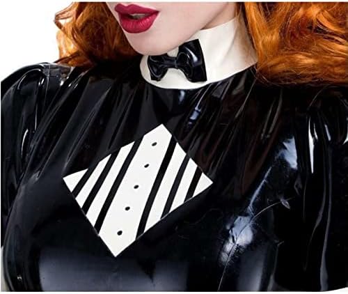Natural latexSexy French Maid Latex Dress With Strips On Apron Front Zipper At Back Rubber Uniform Bodycon Playsuit