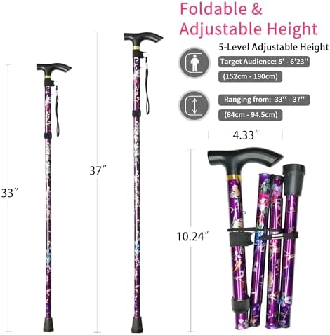 Folding Cane, 5-Level Adjustable Height Lightweight Portable Foldable Walking Canes with Wrist Strap and T Handle for Men Women Seniors