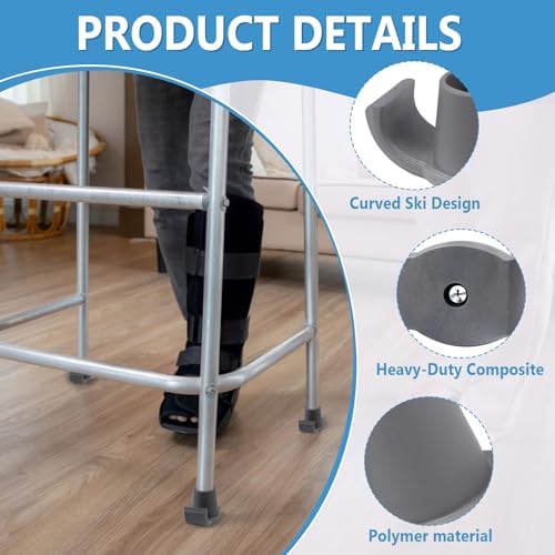 2 Pack Walker Ski Glides for Folding Walkers, Smooth Gliding Replacement Feet, Heavy Duty Walker Accessories for Seniors, Universal 1 1/8 Inch Fit for Carpet, Concrete & Hardwood Floors