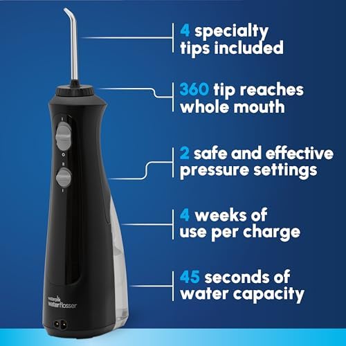 Waterpik Cordless Pearl Rechargeable Portable Water Flosser for Teeth, Gums, Braces Care and Travel, Extra Quiet, 4 Flossing Tips - ADA Accepted, WF-13 Black, Amazon Exclusive