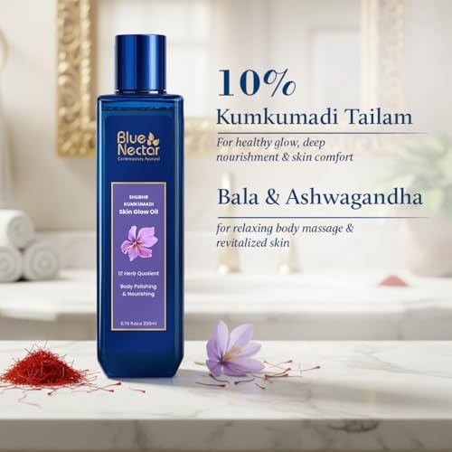 Blue Nectar Kumkumadi Body Oil for Glowing Skin | Moisturizing Oil for Dry Skin with Relaxing Aroma | Plant Based Body Oil for Women & Men (12 Herbs, 3.4 fl oz)