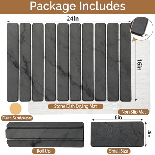 Large Stone Dish Drying Mat for Kitchen Counter, Quick Dry Stone Dishes Mats,Foldable Water Absorbing Diatomaceous Earth Drying Organizer Pad for Plate Rack Bottles Utensils(Dark Gray 24"×16" & 8"x4")