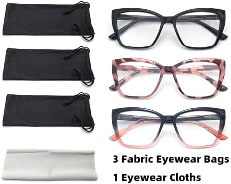 HIGHLIKE 3-Pack Reading Glasses for Women Stylish Cat-Eye Spring Hinge Clear Lenses Readers Anti Eyestrain