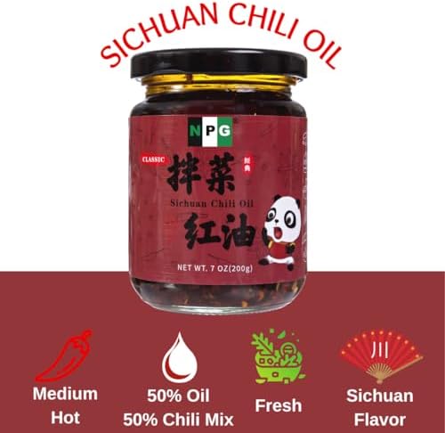 NPG Sichuan Chili Crisp Oil 7 oz, Chili Crunch Sauce with Medium Hot for Noodle, Rice, Egg, Dumpling, Premium Spicy Condiment