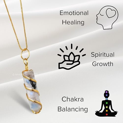 Amazing Gemstone Moonstone Necklace for Women - Premium Rainbow Moonstone Crystals Necklace for Women - Jewelry to bring Balance, Harmony, Creativity, Endurance and Inner Confidence.