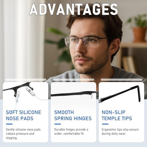 2 Pack Reading Glasses for Men, Lightweight Metal Half Frame Blue Light Blocking Computer Eyeglasses,Spring Hinges Anti Eyestrain/Glare/UV Readers(Black 1.75)