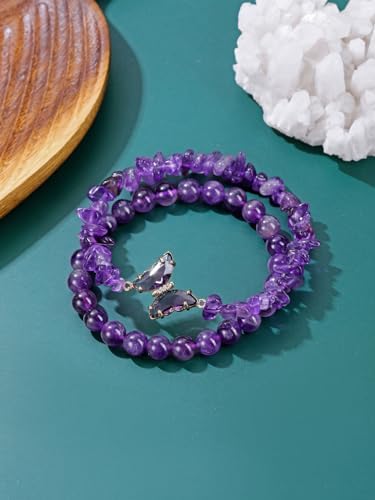 CrystalTears Crystal Bracelets for Women 2pcs Natural Healing Gemstone Beaded Bracelet Butterfly Charms Stone Layered Bracelet Gifts Women