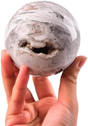 JIC Gem Natural Mexican White Agate Crystal Sphere with Wooden Stand Decorative Crystal Ball White Gemstone Sphere for Meditation,Feng Shui,Witch-Style Decor,Table 70-80mm