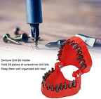 Denture Drill Bit Holder, 28 Holes with 28 Pieces of Drill Bits, Teeth Shape Design, Fully Open, Firmly Holding, ABS Material Organizing Holder for Neat and Easy Access (Red)
