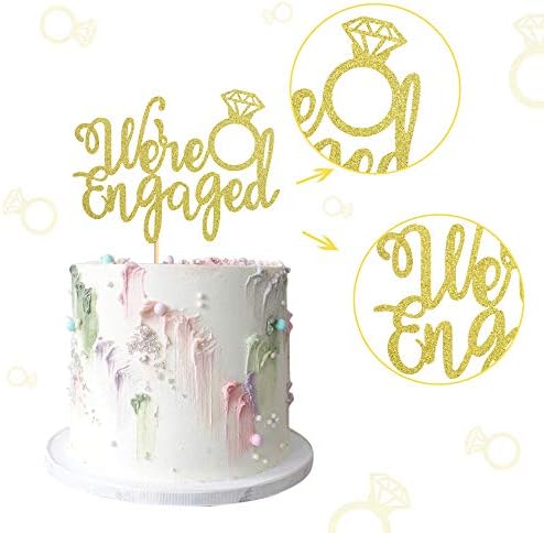 Ercadio 1 Pack Gold We're Engaged Cake Topper Glitter Bridal Shower Cake Pick Decorations for Wedding Engagement Theme Party Decorations