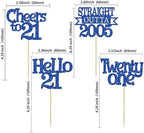 Ephlyn 24Pcs 21st Birthday Cupcake Toppers Glitter Straight Outta 2005 Cupcake Picks Hello 21 Cheers to 21 Years Cake Decorations for 21st Birthday Anniversary Party Decorations Supplies Blue