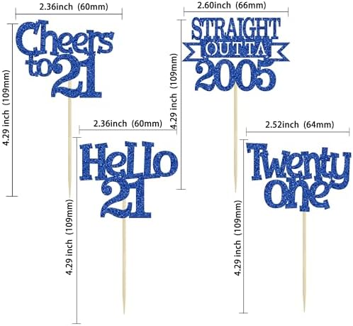 Ephlyn 24Pcs 21st Birthday Cupcake Toppers Glitter Straight Outta 2005 Cupcake Picks Hello 21 Cheers to 21 Years Cake Decorations for 21st Birthday Anniversary Party Decorations Supplies Blue