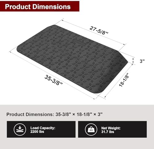 Ruedamann 3" Rise Rubber Threshold Ramp, 35.4" Wide Wheelchair Ramp, 2200 Lbs Capacity, Curb Ramp with Non-Slip Surface, Door Ramp for Wheelchairs, Scooter, Power Chairs, Driveways