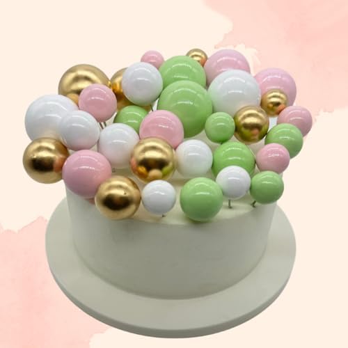 32 Pcs Ball Cake Topper Decorations Balloons Cupcake Topper DIY Cake Insert Topper Foam Cake Balls Cake Decorations for Wedding Anniversary Birthday Cake Decorating (Green,Pink,White,Gold)