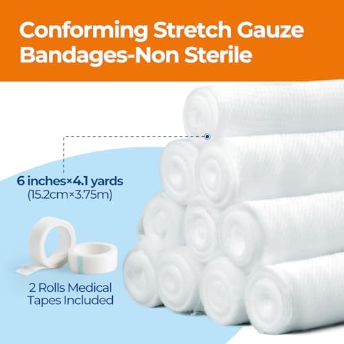 Gauze Rolls Bandages 6in x 4.1yds, 24 Rolls Conforming Stretch Gauze Bandage 6 Inch, Individually Wrapped Includes Medical Tape
