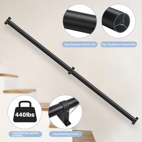 Industrial Stair Railing Metal Hand Rails for Indoor Stairs Wall Mount Staircase Handrails 1.5" Pipe Stair Handrail for Steps Black Aluminum Stairway Railing for Outdoor & Indoor Stairs 5ft