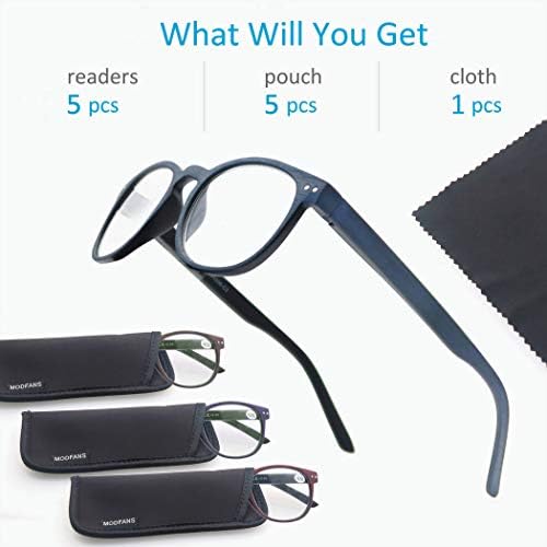 MODFANS Reading Glasses Women/Men Wood Look Round Frame Includes Sun Readers glasses for outdoors 5-Pack Comfort Flexible?Spring Hinge Lightweight with soft case 1.75