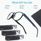 MODFANS Reading Glasses Women/Men Wood Look Round Frame Includes Sun Readers glasses for outdoors 5-Pack Comfort Flexible?Spring Hinge Lightweight with soft case 1.75