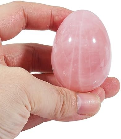 Fekuar Stone Egg Figurine, Polished Healing Crystal Easter Eggs Sphere Sculpture with Wood Stand, Natural Rose Quartz, 1.8"