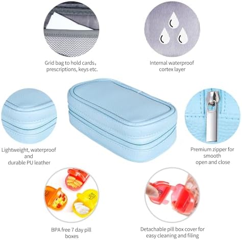 Serfeymi Weekly Travel Pill Organizer 2 Times A Day AM PM Upgraded Rainbow Pill Box 7 Day with Portable Zipper PU Leather Pill Case, Medicine Organizer for Pills, Vitamins, Fish Oils - Blue 01