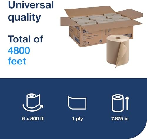 Tork Paper Towel Roll Natural - Universal Hand Roll, Natural Paper Towels with Brown Tissues made of 100% Recycled Fiber, 6 Rolls x 800 ft, Compatible with H21 Dispenser, RK800E