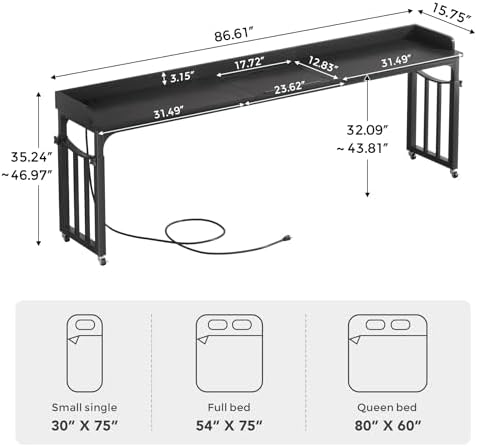 Overbed Table with Wheels and Height Adjustable, 87 inch King Size Bed Table with Adjustable Tilt Board, Mobile Laptop Cart Computer Desk with Outlets & USB Ports, Black