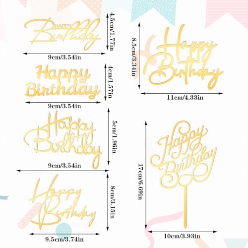 6 PCS Gold Happy Birthday Cake Toppers Mirror Side Cake Toppers DIY Acrylic Glitter Cake Inserts Celebration Birthday Party Event Side Cupcake Cake Decorations，Happy Birthday Side Cake Topper