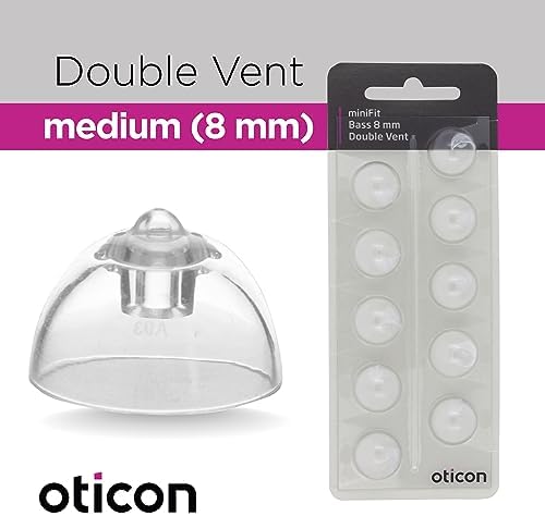 Genuine Oticon Hearing Aid Domes MiniFit Double Vent Bass 8mm (0.31 inches - Medium), Oticon Branded OEM Denmark Replacements, Authentic Accessories for Optimal Performance -1 Pack/10 Domes Total