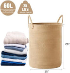 60L Jute Woven Laundry Hamper Basket Wicker Rope Clothes Hamper Tall Rattan Blanket Basket in Living Room Bedroom 15Dx20H Inches Large