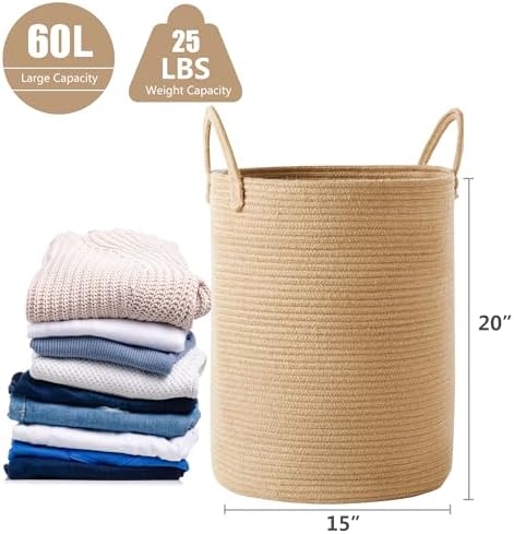 60L Jute Woven Laundry Hamper Basket Wicker Rope Clothes Hamper Tall Rattan Blanket Basket in Living Room Bedroom 15Dx20H Inches Large