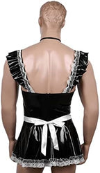 Mens Sissy Maid Cosplay Costume Sissy Clubwear Latex Party Lace Trim Mini Flared Dress with Apron Neckwear