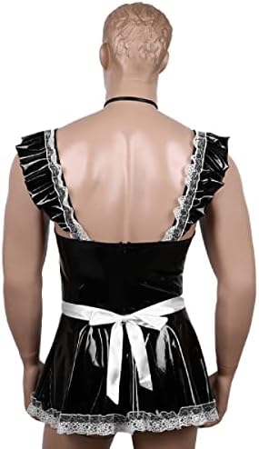 Mens Sissy Maid Cosplay Costume Sissy Clubwear Latex Party Lace Trim Mini Flared Dress with Apron Neckwear