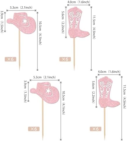 24 PCS Cowboy Cupcake Toppers Glitter Cowgirl Hats Boots Cupcake Picks Western Party Decorations for Boys Girls Western Theme Baby Shower Birthday Party Cake Decorations Supplies Light Pink