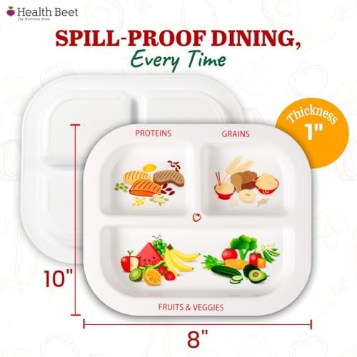 Health Beet MyPlate Portion Control Plate, 8" x 10" - Kids Plate with 3 Divided Sections for Protein, Grains & Fruits + Veggies, Dishwasher & Microwave Safe Plates with Dividers, 1 Pack