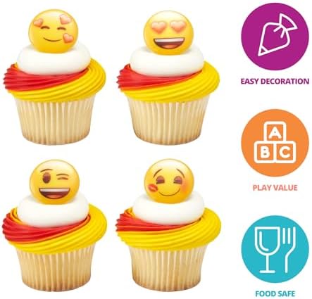 DecoPac Emoji Heart Cupcake Rings, 24 Cupcake Decorations Featuring Emoji Faces, Cupcake Toppers, Food Safe For Birthdays, Celebrations, Valentine's, Anniversary, Wedding – 24 Pack