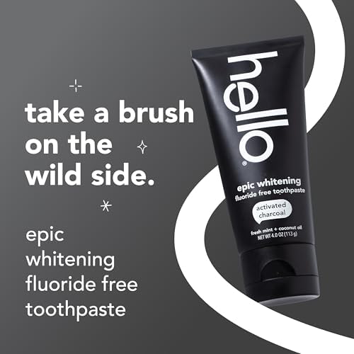 hello Epic Whitening Charcoal Fluoride Free Toothpaste, Activated Charcoal Toothpaste with Coconut Oil, Whitens Teeth Naturally, SLS Free, Fresh Mint, 3 Pack, 4.0 Oz Tubes