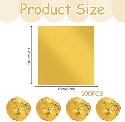 100PCS Colored Candy Foil Wrappers 6x6" Aluminium Foil Paper for Party/Wedding/Birthday/Christmas DIY Candies and Chocolate Packaging (Gold)