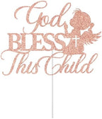 God Bless This Child Cake Topper, Girl Baptism Cake Topper, Religious Baptism Christening Baby Shower 1st Birthday Party Decorations, Rose Gold Glitter