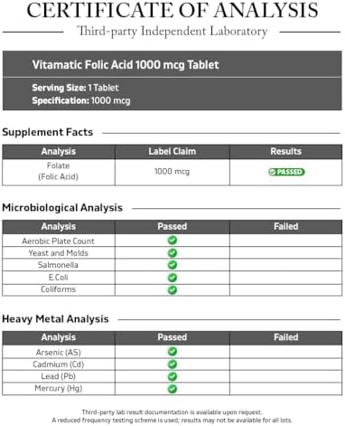 Vitamatic Folic Acid 1000 mcg (1 mg) - Vegetarian Tablets - 1667 mcg DFE - Vitamin B9 (240 Count (Pack of 1))