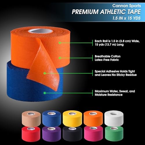 Cannon Sports Premium Athletic Tape - 1.5” x 45 Feet Per Roll - Easy Tear, No Sticky Residue, Very Strong, Hypoallergenic, Latex Free - Pack of 8 (White-Black-Pink-Purple-Blue-Natural-Red-Orange)