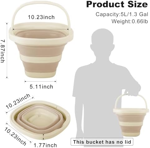 5L Collapsible Bucket with Handle, Mop Bucket for Wash Basin Dog Water Car Washing Window Cleaning, Foldable Plastic Tub Waterpot for Outdoor Beaching Fishing Gardening Camping Essentials