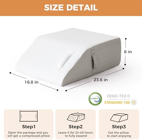 BIEEZZK Leg Pillow Elevation Blood Circulation, Leg Elevating Pillows for After Surgery, Sleeping, Memory Foam Wedge Pillow for Legs Swelling, Foot Knee Pillow for Back Pain, 23.6×16.8×8in, White/Grey