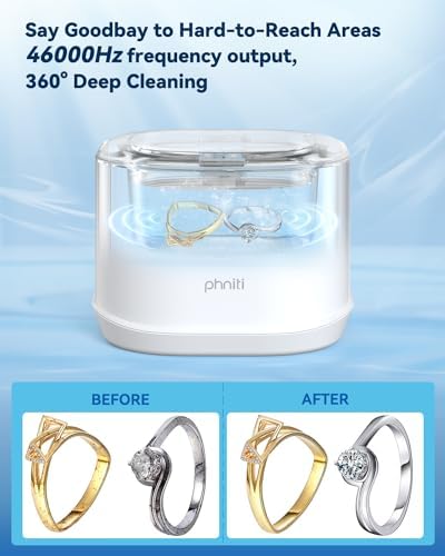 Ultrasonic Jewelry Cleaner, Phniti 46kHz Professional Portable Ultrasonic Retainer Cleaner Machine with Timer for Dental Retainer, Mouth Guard, Watch, Ring, Diamond - Household Use, White